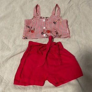 Cute red, floral summer outfit. Shorts and tank shirt.